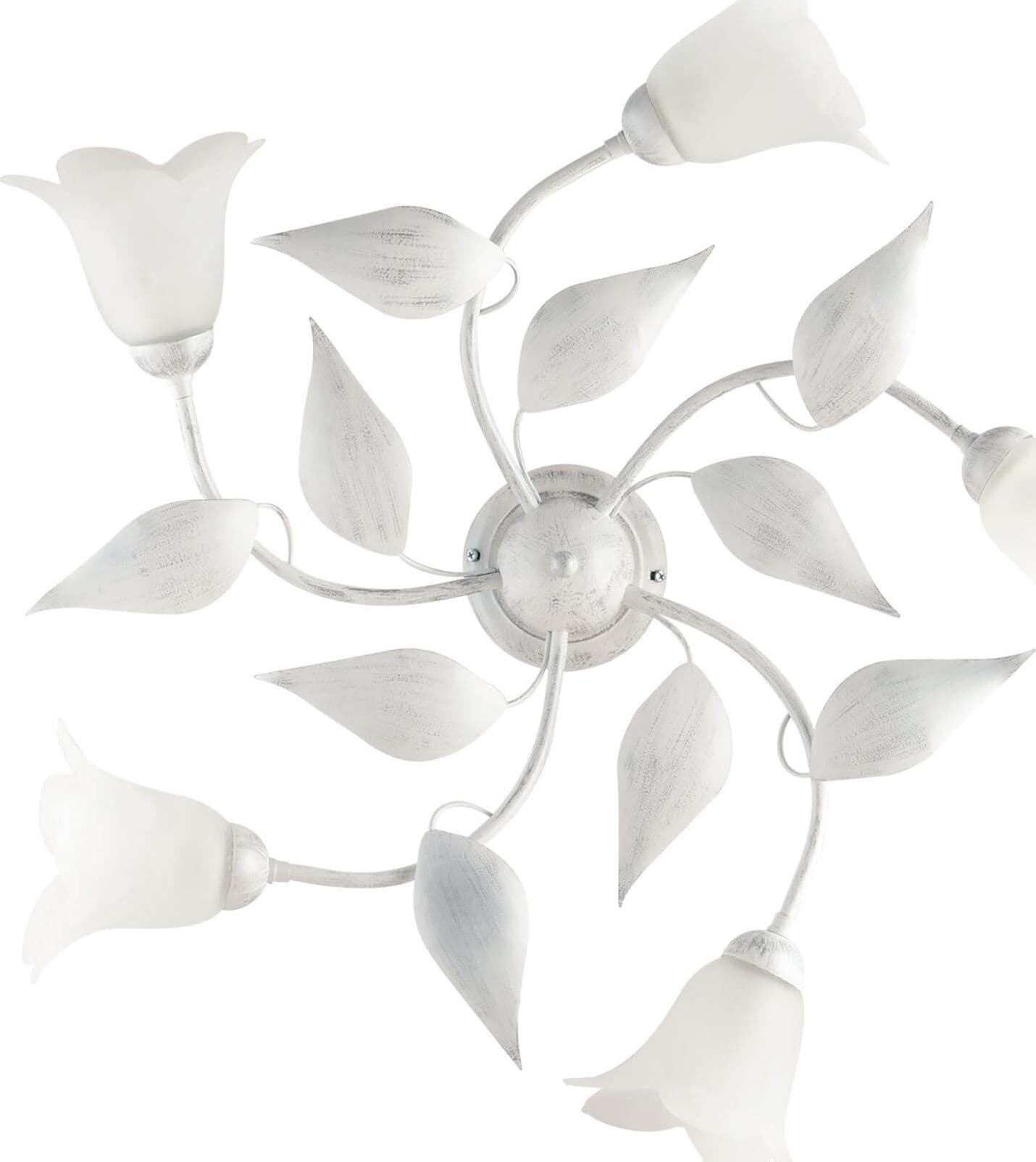 Plafoniera-5-Luci-Olga-Ferro-Battuto-E-Vetro-Bianco-E-Argento