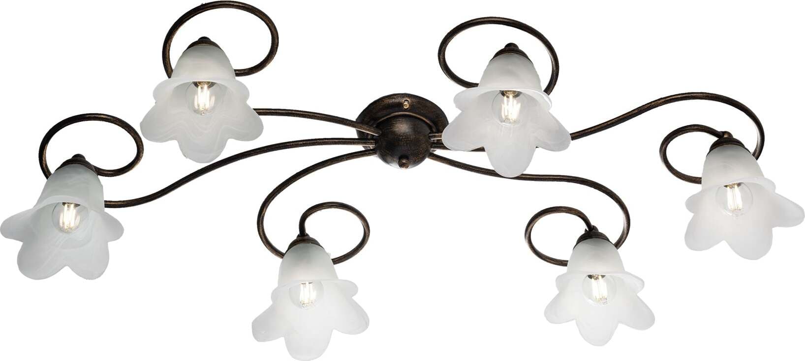 Plafoniera-6-Luci-Alice-Ferro-Battuto-Marrone-E-Oro-Vetro-Bianco