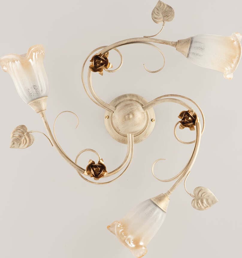 Plafoniera-Classica-Arte-Povera-3-Luci-Ferro-Battuto-Avorio-e-Oro-Serie-Cestino