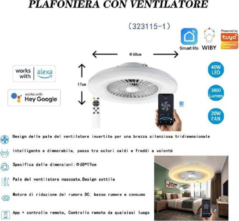 Plafoniera Con Ventilatore Dimmerabile 40w Silensioso App Telecomando 323115-1 Plafoniere per interno > Ventilatori Trade Shop italia - Napoli, Commerciovirtuoso.it
