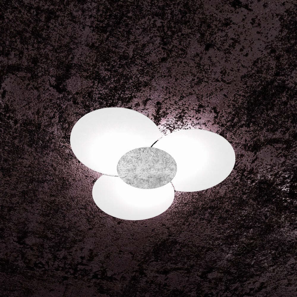 Plafoniera-Contemporanea-Clover-Met.-Foglia-Argento-Vetro-Bianco-6-Luci-E27-70Cm