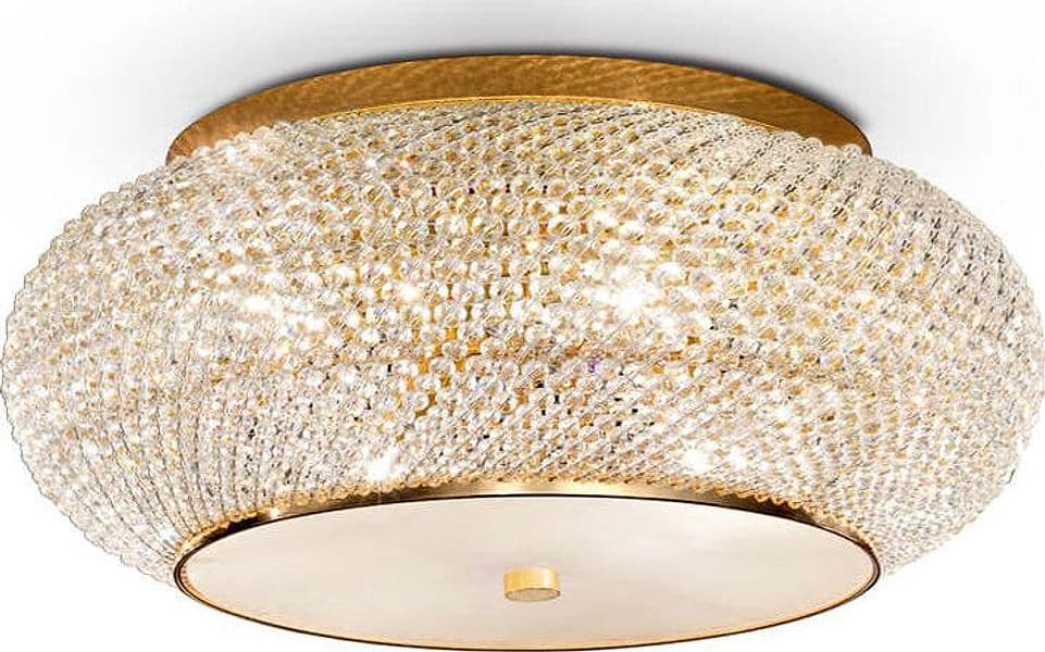 Plafoniera-Contemporanea-Pasha'-Metallo-Cristallo-Oro-14-Luci-E14