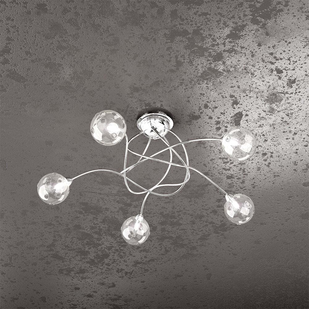 Plafoniera-Contemporanea-Super-Ball-Metallo-Cromo-Vetro-Pirex-5-Luci-G9