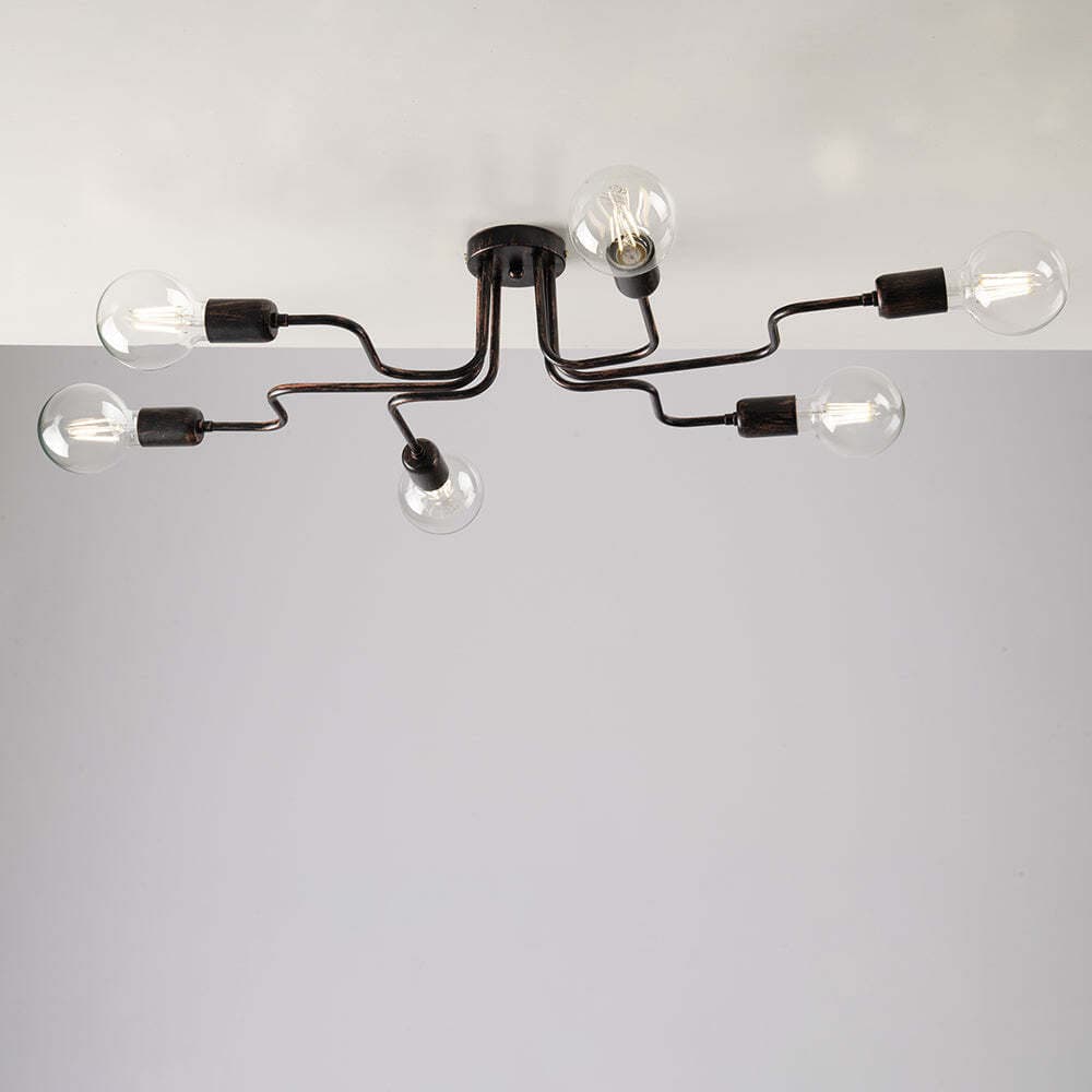 Plafoniera-Industrial-6-Luci-Ferro-Nero-e-Rame-Serie-Loft