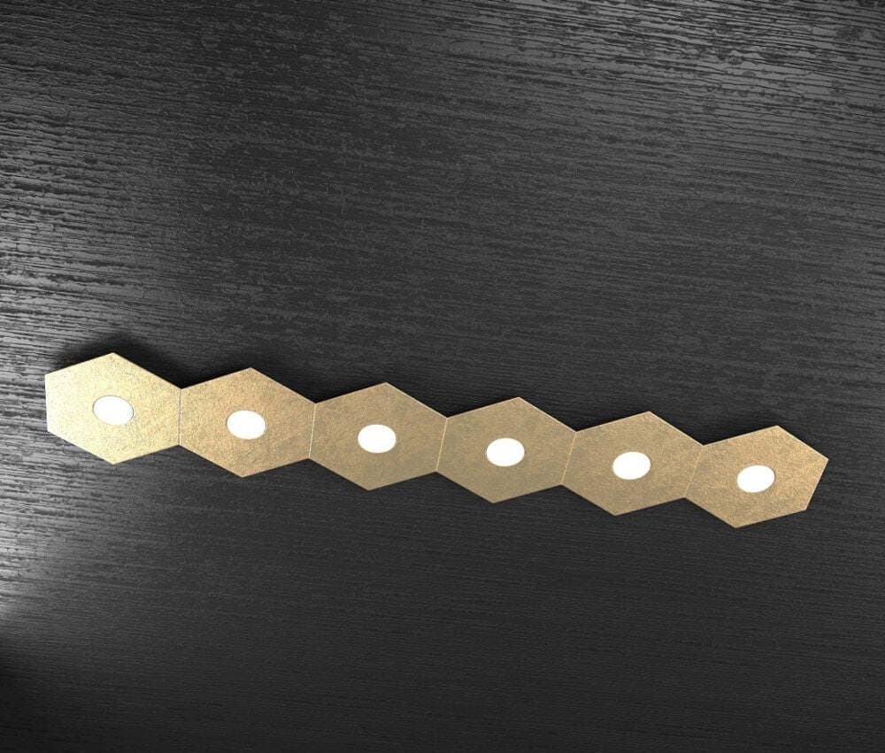 Plafoniera-Moderna-Hexagon-Metallo-Foglia-Oro-6-Luci-Led-12X6W