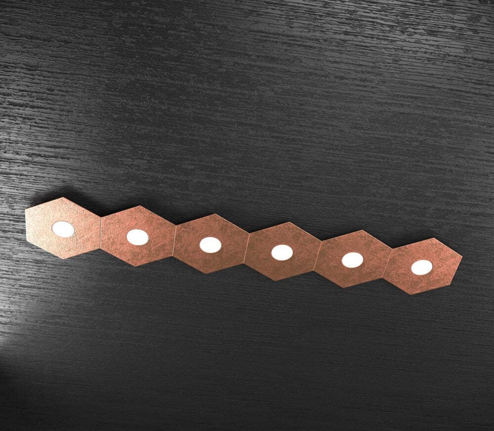 Plafoniera-Moderna-Hexagon-Metallo-Foglia-Rame-6-Luci-Led-12X6W
