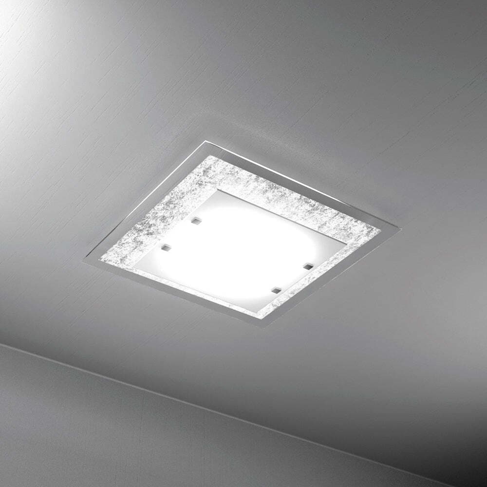 Plafoniera-Moderna-Tray-Metallo-Bianco-Vetro-Foglia-Argento-4-Luci-E27