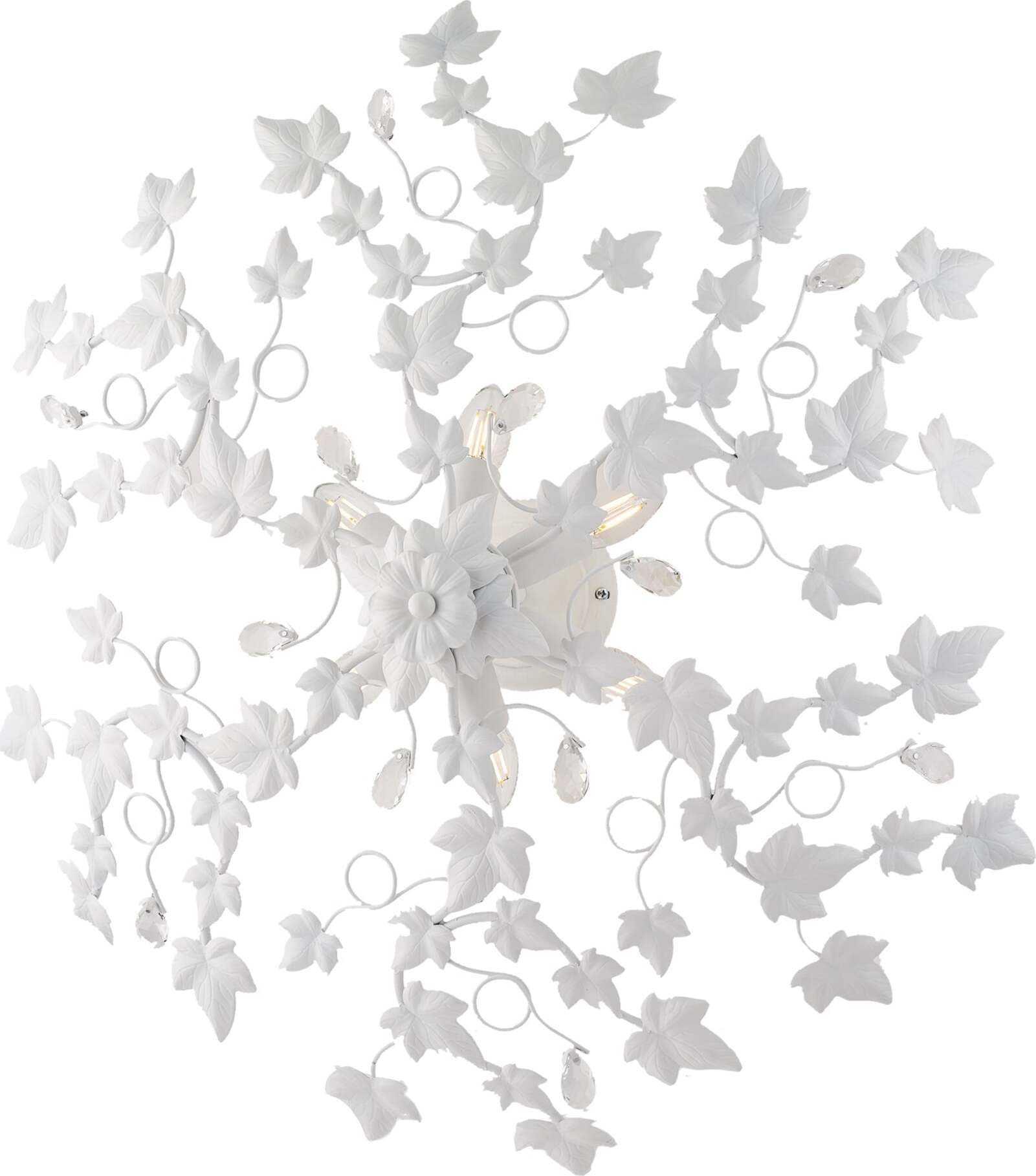Plafoniera-Shabby-Edera-6-Luci-Ferro-Battuto-Bianco-Con-Foglie-E-Cristalli