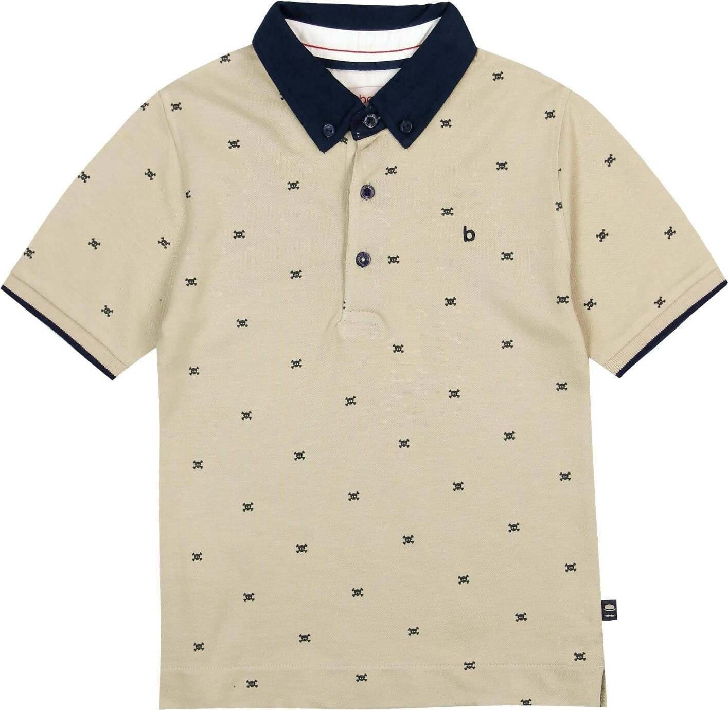 Polo Estiva Bimbo Mezze Maniche Beige e Blu Maglia con Colletto in Cotone Micro Fantasia Maglietta Estate Bottoni Classica polo bambino/ragazzo Piccole Canaglie - Tropea, Commerciovirtuoso.it