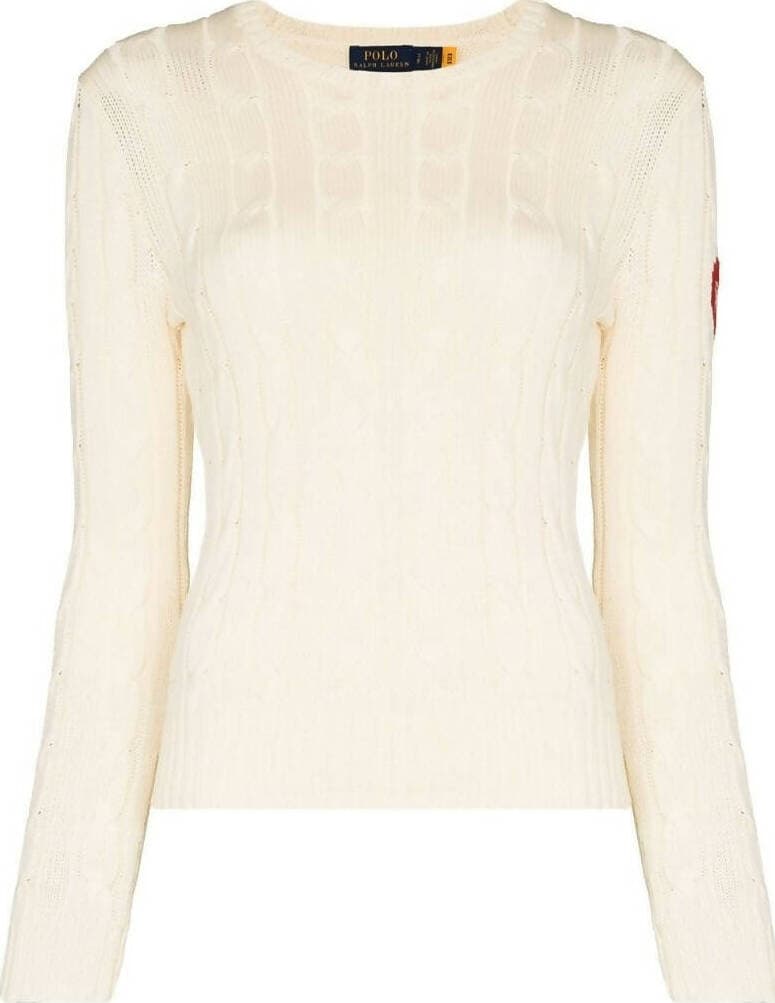 Polo-Ralph-Lauren-Maglione-Donna-Bianco-A-Trecce-Logo-Rl-Cuore-Rosso-Sulla-Manica