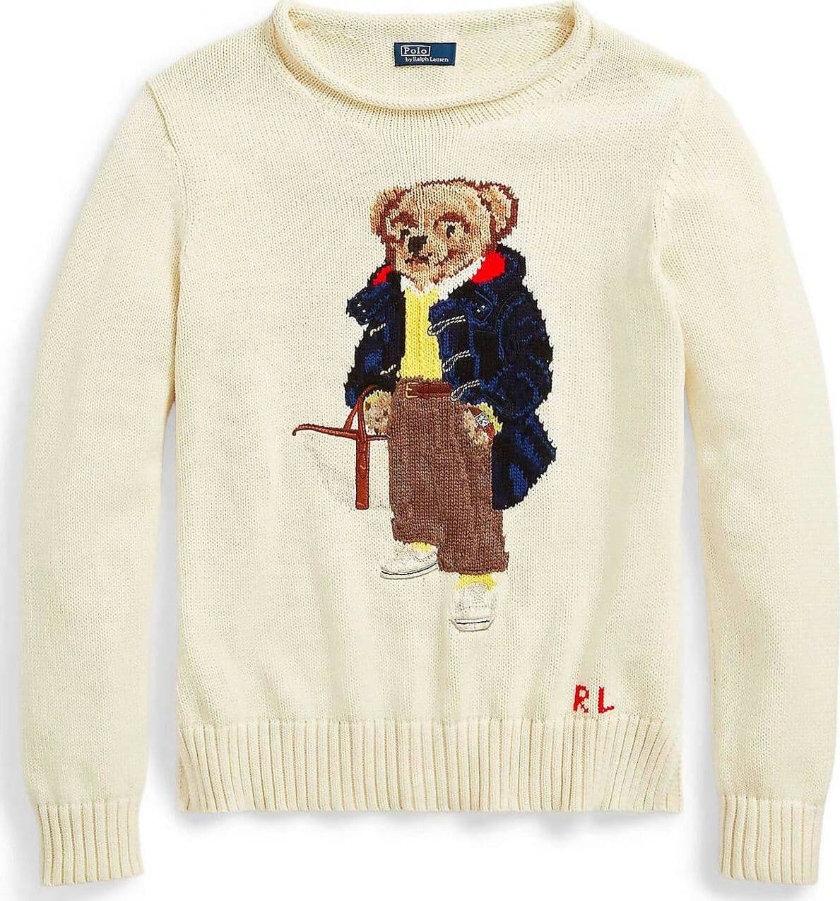 Polo-Ralph-Lauren-Maglione-Donna-Pull-Bear-In-Cotone-Bianco-Crema-Orsetto-E-Logo-Rl-Ricamati