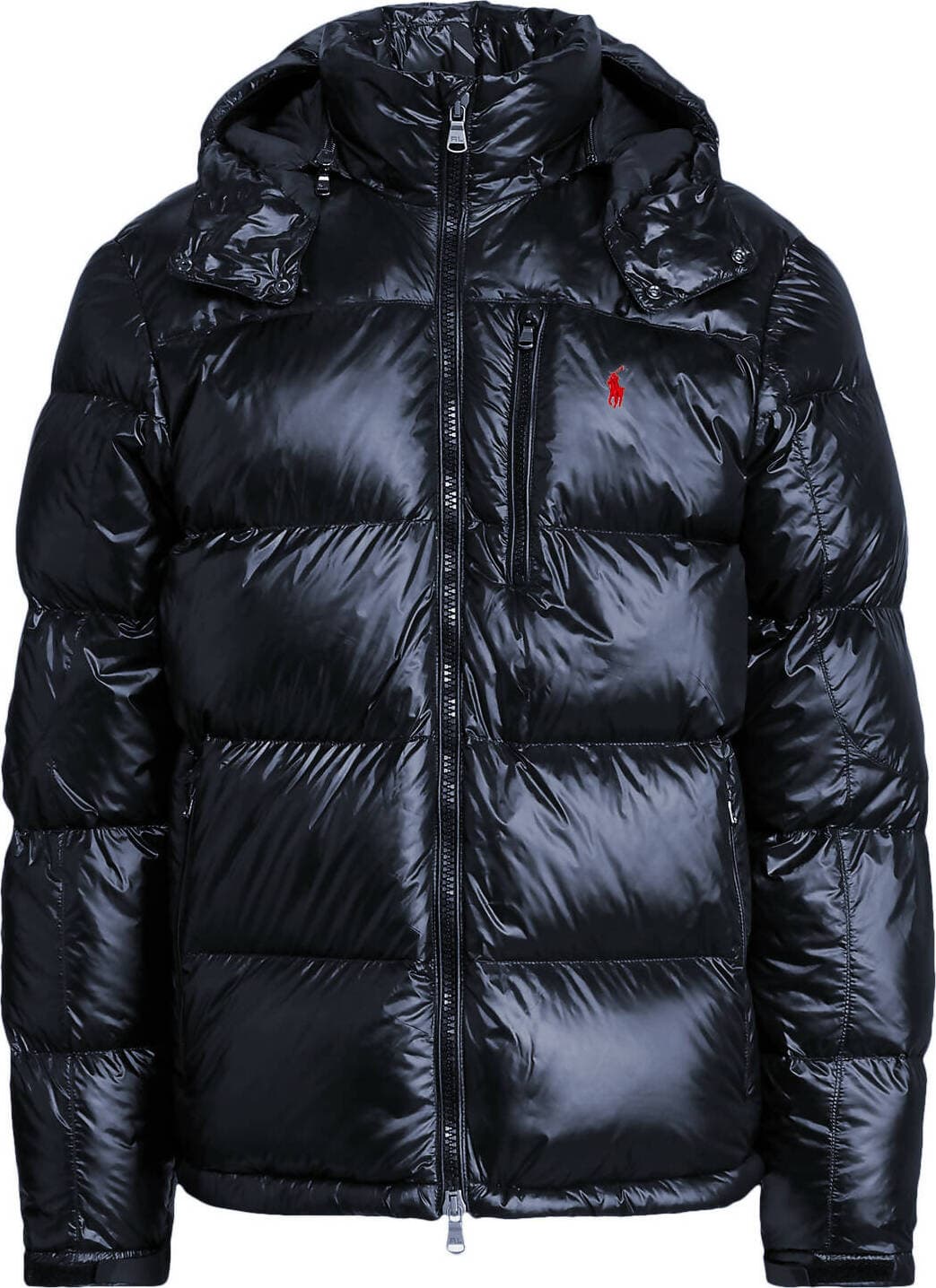 Polo-Ralph-Lauren-Piumino-Uomo-Gorham-Lucido-Blu-Giubbotto-Con-Cappuccio-E-Zip-Pony-Rosso-Ricamato