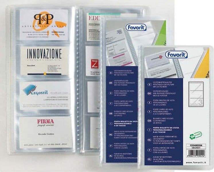 Porta biglietti da visita personalizzabile - 20 buste da 4 tasche - 12 7x27 cm - Favorit Cancelleria e prodotti per ufficio/Archivio ufficio e accessori per scrivania/Accessori da scrivania e archiviazione/Porta biglietti da visita Eurocartuccia - Pavullo, Commerciovirtuoso.it