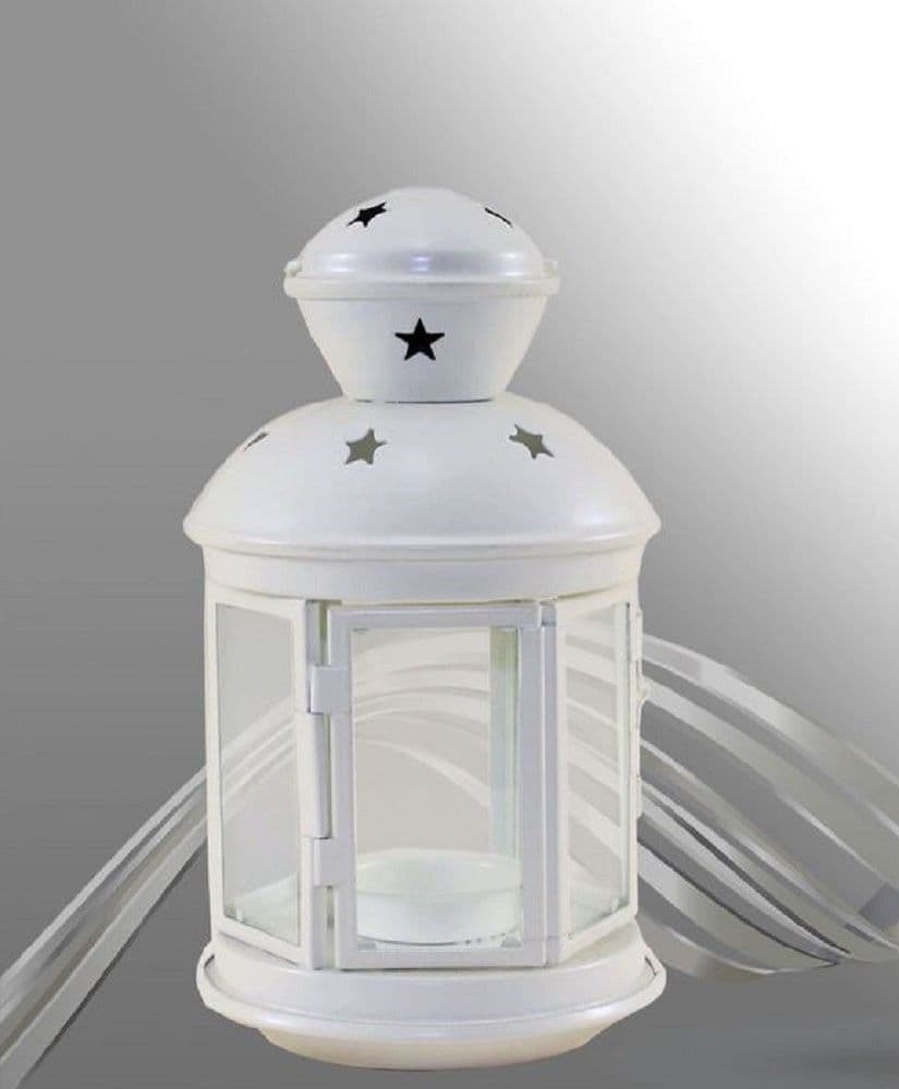 PORTA CANDELA LUMINO LANTERNA BIANCA METALLO BOMBONIERA MATRIMONIO STELLE 30667