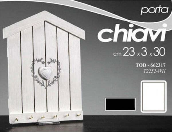 PORTACHIAVI DA PARETE FORMA CASETTA IN LEGNO BIANCO CON CUORE STILE SHABBY CHIC