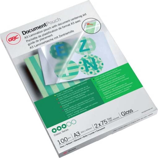 Pouches - A3 - 303 x 426 mm - 2 x 75 micron - A3 - GBC - scatola 100 pezzi Cancelleria e prodotti per ufficio/Elettronica per ufficio/Accessori/Pouches per plastificatrici Eurocartuccia - Pavullo, Commerciovirtuoso.it