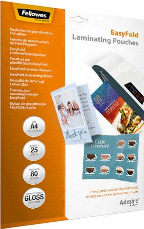 Pouches Admire Easyfold - A4 - cordonate - Fellowes - scatola 25 pezzi Cancelleria e prodotti per ufficio/Elettronica per ufficio/Accessori/Pouches per plastificatrici Eurocartuccia - Pavullo, Commerciovirtuoso.it