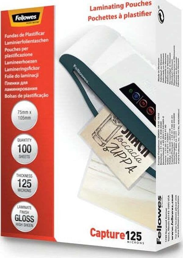 Pouches Capture125 - 54x86 mm - 2x125 micron - Fellowes - scatola 100 pezzi Cancelleria e prodotti per ufficio/Elettronica per ufficio/Accessori/Pouches per plastificatrici Eurocartuccia - Pavullo, Commerciovirtuoso.it