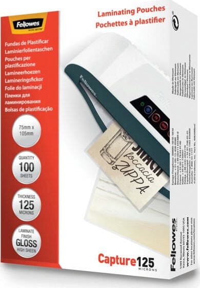 Pouches Capture125 - 75x105 mm - 2x125 micron - Fellowes - scatola 100 pezzi Cancelleria e prodotti per ufficio/Elettronica per ufficio/Accessori/Pouches per plastificatrici Eurocartuccia - Pavullo, Commerciovirtuoso.it