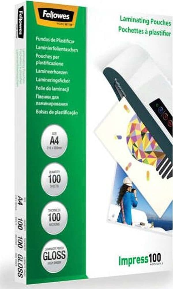 Pouches Impress100 - A4 - 216x303 mm - 2x100 micron - Fellowes - scatola 100 pezzi Cancelleria e prodotti per ufficio/Elettronica per ufficio/Accessori/Pouches per plastificatrici Eurocartuccia - Pavullo, Commerciovirtuoso.it