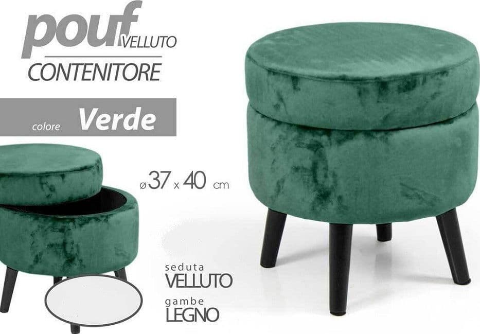 POUF CONTENITORE POGGIAPIEDI SGABELLO POUFF VELLUTO LEGNO VERDE 40X37CM 801709