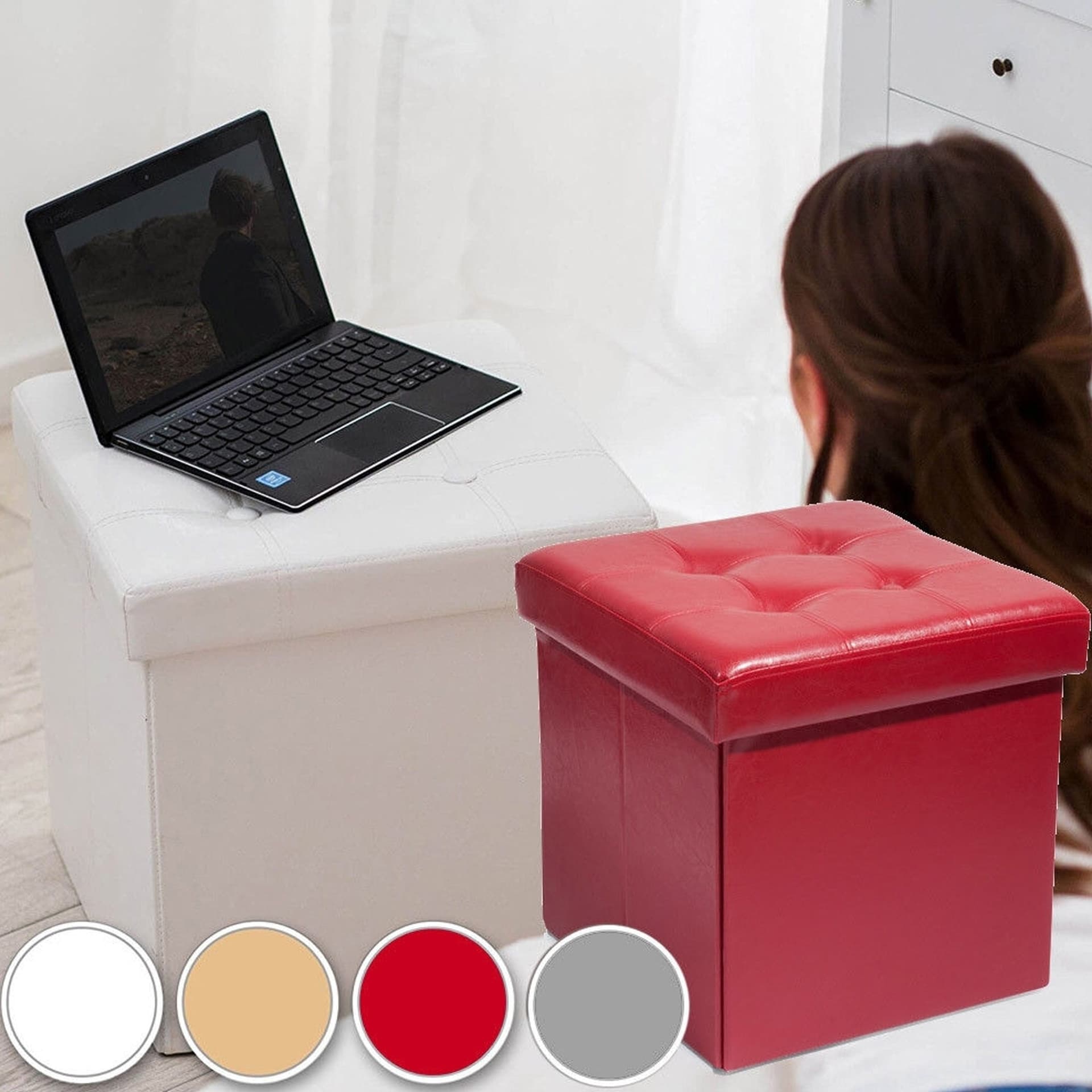 POUF SCATOLA PORTAOGGETTI PUFF POGGIAPIEDI A FORMA DI CUBO IN ECOPELLE COLORE