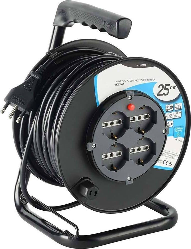 Prolunga-Elettrica-Cavo-25-Mt-Avvolgicavo-4-Prese-Schuko-Polivalenti-Spina-16a