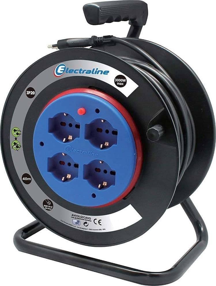 Prolunga-Elettrica-Cavo-40-Mt-Avvolgicavo-4-Prese-Schuko-Polivalenti-Spina-16a