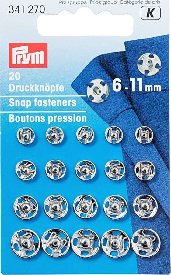 PRYM---CONFEZIONE-DA-20-PEZZI---BOTTONI-AUTOMATICI-DA-6-A-11MM---IN-OTTONE-COLORE-ARGENTO
