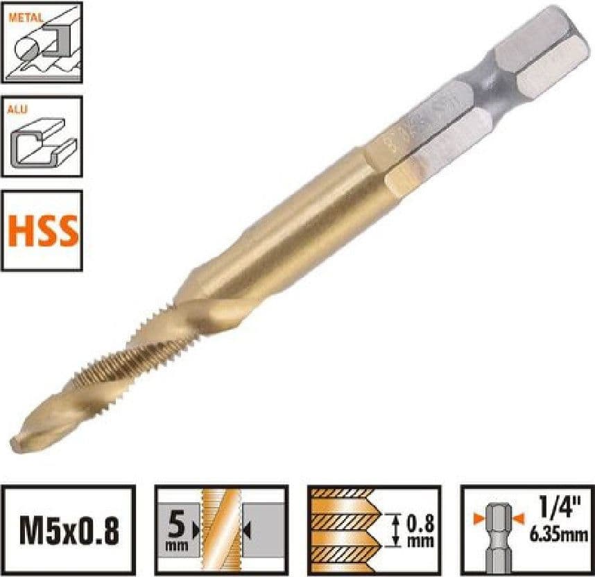PUNTA PER TRAPANO M5X0.8MM IN TITANIO HSS CON FILETTATURA METRICA METALLO 57211