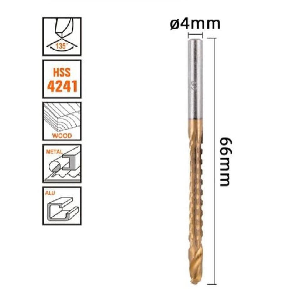 Punta Trapano Elicoidale Ø4mm X 60mm In Titanio Hss 4241 Per Metallo Legno 57148 Fai da te/Utensili elettrici e a mano/Accessori per utensili elettrici/Set punte per trapani Trade Shop italia - Napoli, Commerciovirtuoso.it