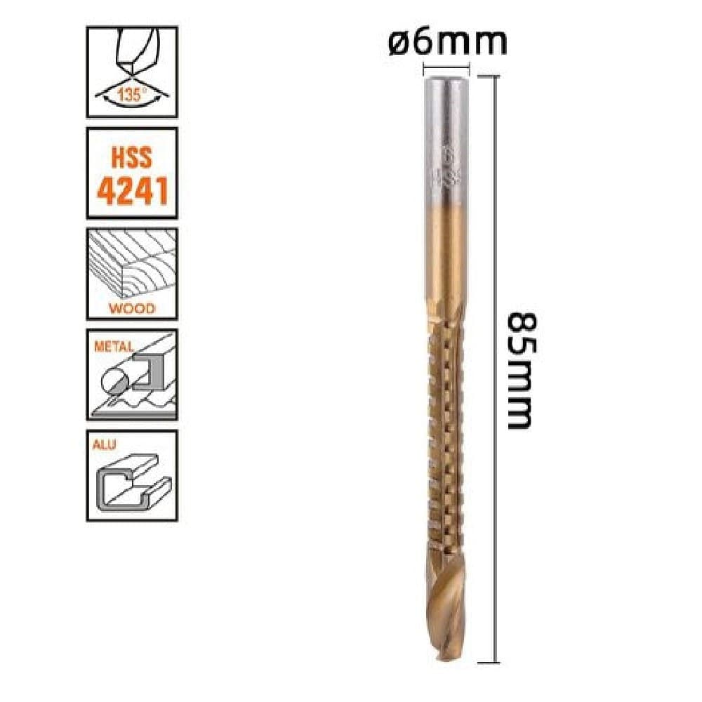 Punta Trapano Elicoidale Ø6mm X 85mm In Titanio Hss 4241 Per Metallo Legno 57150 Fai da te/Utensili elettrici e a mano/Accessori per utensili elettrici/Set punte per trapani Trade Shop italia - Napoli, Commerciovirtuoso.it
