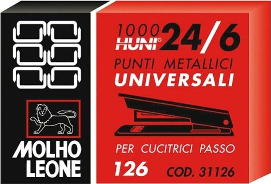 Punti 126 - 24-6 - metallo - Molho Leone - conf. 1000 pezzi Cancelleria e prodotti per ufficio/Archivio ufficio e accessori per scrivania/Spillatrici e perforatrici/Graffette Eurocartuccia - Pavullo, Commerciovirtuoso.it