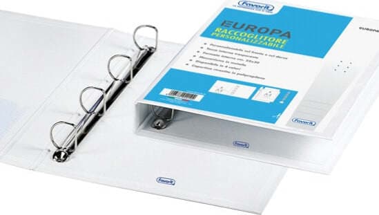 Raccoglitore personalizzabile Europa - 4 anelli a D 50 mm - dorso 6 cm - 22x30 cm - bianco - Favorit Cancelleria e prodotti per ufficio/Archivio ufficio e accessori per scrivania/Raccoglitori e accessori per raccoglitori/Raccoglitori/Raccoglitori a leva per documenti Eurocartuccia - Pavullo, Commerciovirtuoso.it