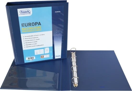 Raccoglitore personalizzabile Europa - 4 anelli a D 50 mm - dorso 6 cm - 22x30 cm - blu - Favorit Cancelleria e prodotti per ufficio/Archivio ufficio e accessori per scrivania/Raccoglitori e accessori per raccoglitori/Raccoglitori/Raccoglitori a leva per documenti Eurocartuccia - Pavullo, Commerciovirtuoso.it