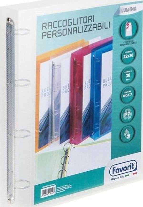 Raccoglitore personalizzabile Lumina - PP - 4 anelli tondi D30 - 22x30 cm - trasparente - Favorit Cancelleria e prodotti per ufficio/Archivio ufficio e accessori per scrivania/Raccoglitori e accessori per raccoglitori/Raccoglitori/Raccoglitori ad anelli Eurocartuccia - Pavullo, Commerciovirtuoso.it