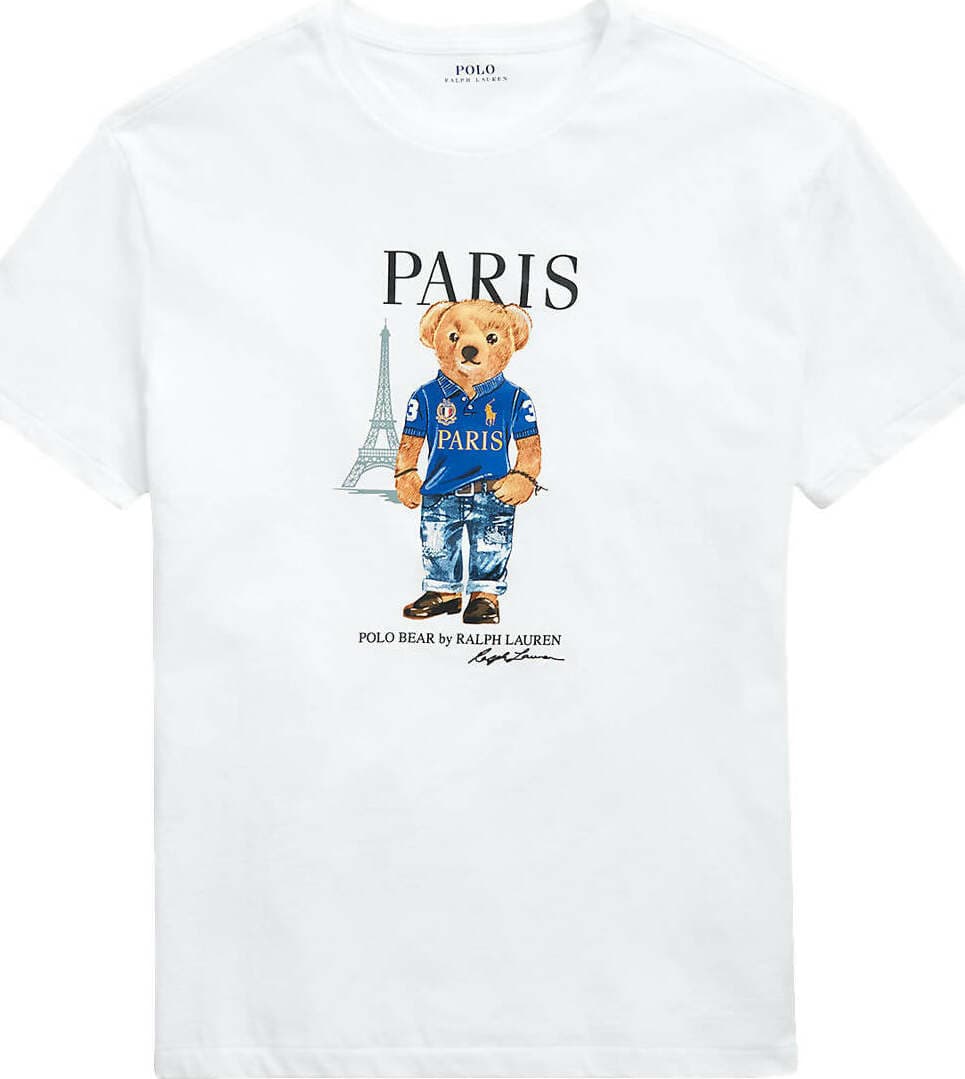 Ralph Lauren T-shirt Uomo Polo Bear In Paris Bianca Maglia Girocollo Mezze Maniche Stampa Orso Ralph Lauren A Parigi
