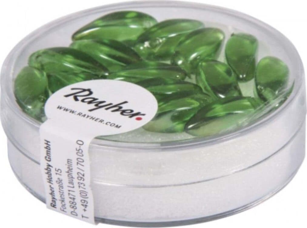 RAYHER---15-PEZZI---PERLE-IN-VETRO-A-GOCCIA-6X12MM---COLORE-VERDE-MAGGIO