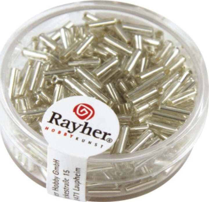 RAYHER---15gr-MATITE-DI-VETRO-COLORE-ARGENTO-LUNGHE-7x2mm---CON-FORO-ARGENTATO