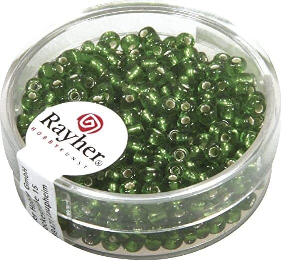 RAYHER---16-GRAMMI---PERLINE-IN-VETRO-ROTONDE-CON-FORO-ARGENTATO-Ø2,6MM---COLORE-VERDE-SCURO