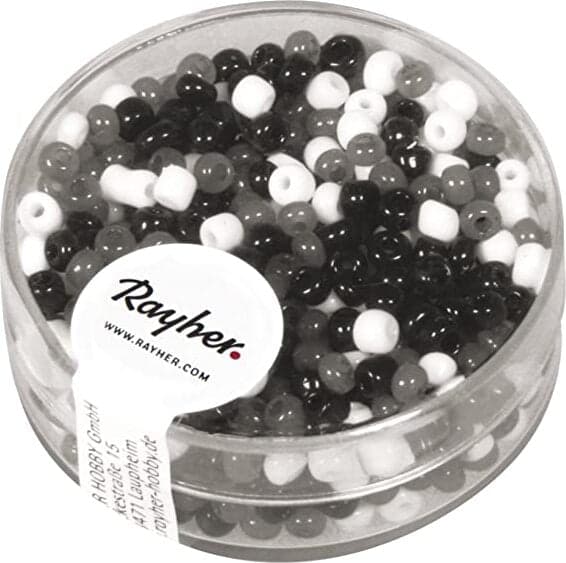RAYHER---17-GRAMMI---PERLINE-IN-VETRO-ROTONDE-OPACHE-LUSTRATE-FORO-Ø2,6MM---COLORI-BIANCO/GRIGIO/NERO