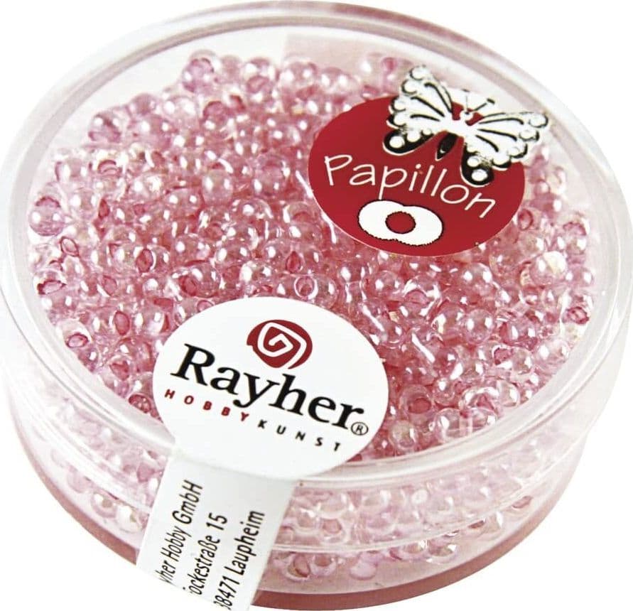RAYHER---17-GRAMMI---ROCAILLE-PAPILLON-IN-VETRO-CON-FORO-ARGENTATO-Ø2,6MM---COLORE-ROSA