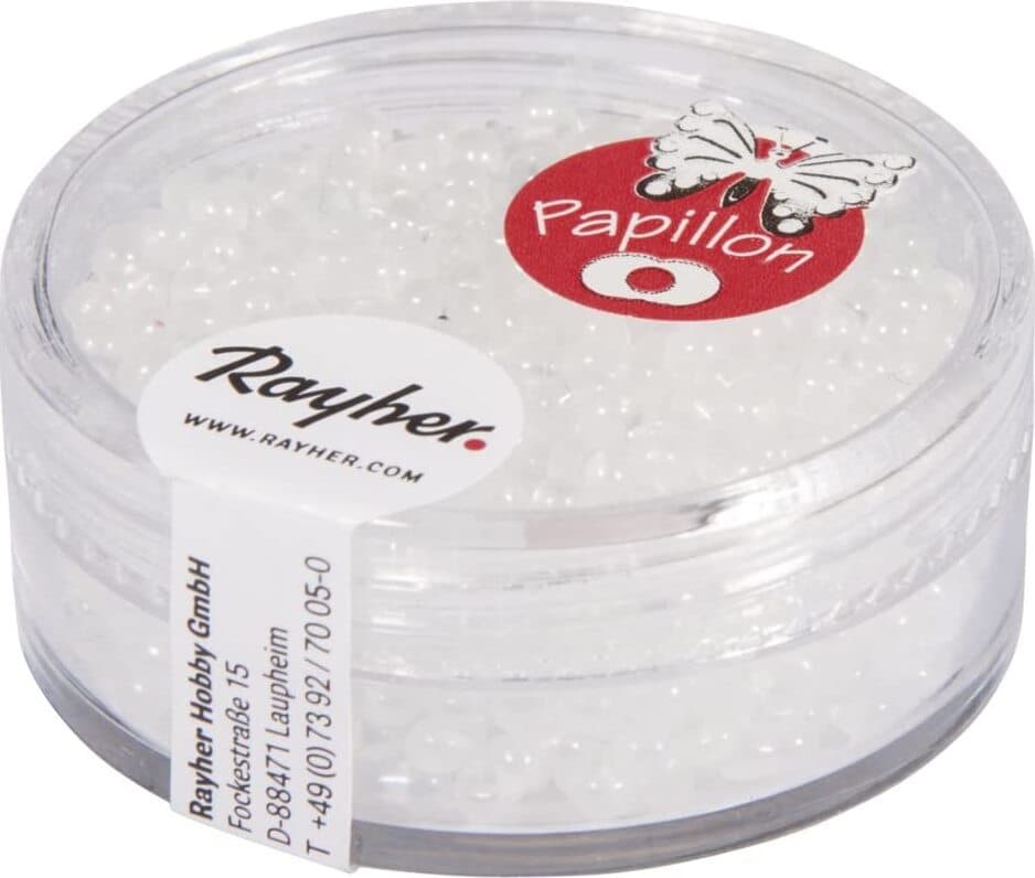 RAYHER---18-GRAMMI---ROCAILLE-PAPILLON-IN-VETRO-CON-FORO-Ø2MM---COLORE-BIANCO-IRIDESCENTE
