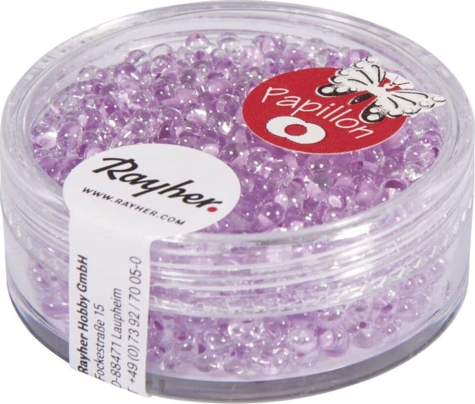 RAYHER---18-GRAMMI---ROCAILLE-PAPILLON-IN-VETRO-CON-FORO-Ø2MM---COLORE-LILLA