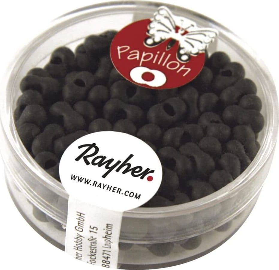 RAYHER---18-GRAMMI---ROCAILLE-PAPILLON-IN-VETRO-CON-FORO-Ø3,2MM---COLORE-NERO-OPACO