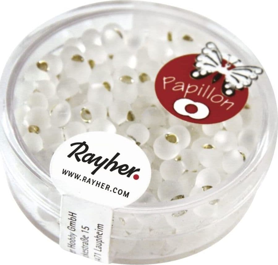 RAYHER---18-GRAMMI---ROCAILLE-PAPILLON-IN-VETRO-CON-FORO-ARGENTATO-Ø1,5MM---COLORE-TRASPARENTE-OPACO