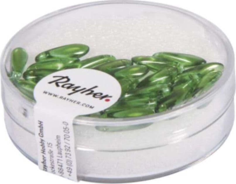 RAYHER---22-PEZZI---PERLE-IN-VETRO-CHICCO-DI-RISO-3X11MM---COLORE-VERDE-MAGGIO