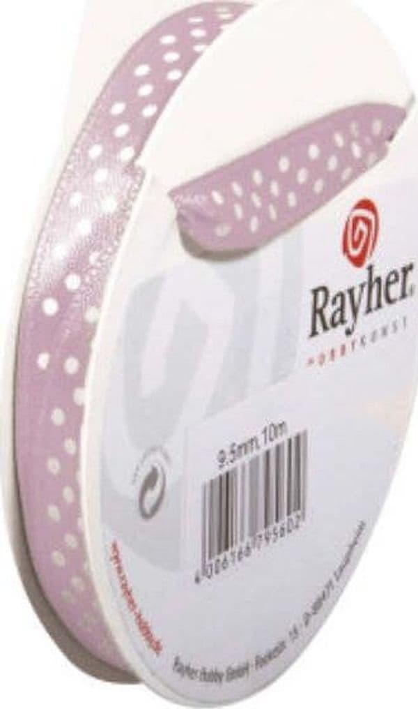 RAYHER---NASTRO-DI-RASO-COLORE-ROSA-CON-PUNTINI-BIANCHI---Ø9.5MM-x-10MT