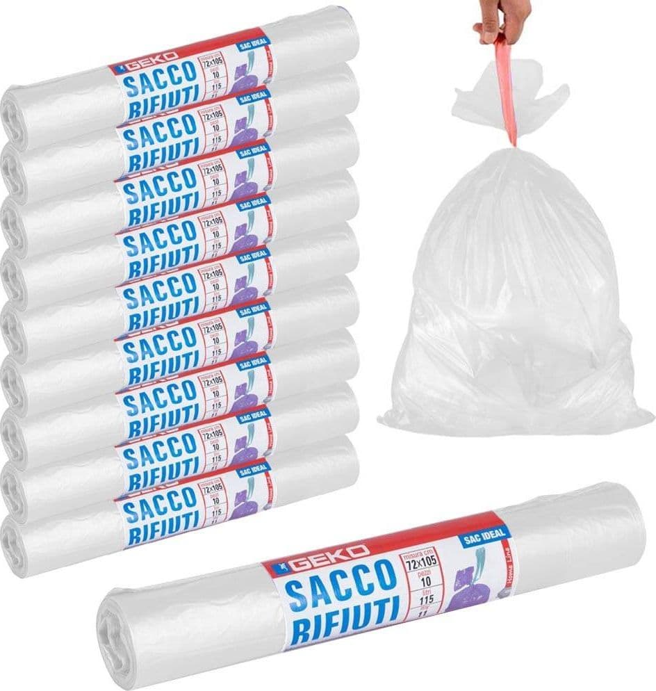 ROTOLI SACCHETTI BUSTE PER SPAZZATURA 115LT 72X105 CHIUSURA CON LACCETTO BIANCO