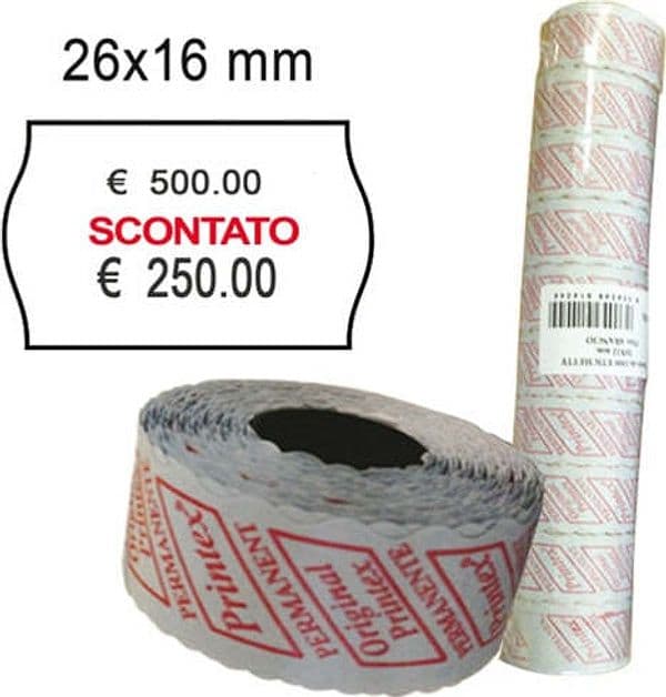 Rotolo da 1000 etichette a onda per Printex Smart 16-2616 - SCONTATO - 26x16 mm - adesivo permanente - bianco - Printex - pack 10 rotoli Cancelleria e prodotti per ufficio/Archivio ufficio e accessori per scrivania/Etichette divisori per schedario e timbri/Etichette ed etichette adesive/Etichette per prezzatrici Eurocartuccia - Pavullo, Commerciovirtuoso.it